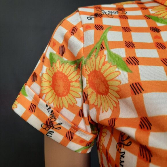 Vintage 90s Sunflower Print Button Up Blouse Orange White Check S short sleeve - Picture 6 of 9